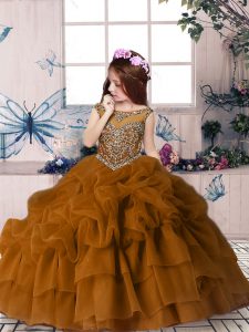 Brown Zipper Little Girls Pageant Dress Beading and Pick Ups Sleeveless Floor Length