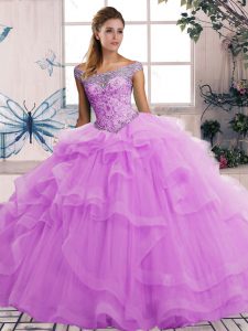 Sweet Lilac Lace Up Off The Shoulder Beading and Ruffles Sweet 16 Dresses Tulle Sleeveless