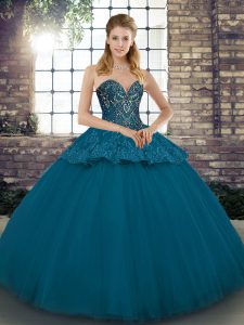 Cute Sweetheart Sleeveless Lace Up Vestidos de Quinceanera Blue Tulle