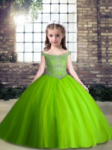 Sleeveless Tulle Floor Length Lace Up Pageant Gowns For Girls in Green with Beading