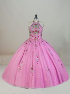 Luxury Rose Pink Ball Gowns Tulle Halter Top Sleeveless Appliques and Embroidery Lace Up 15 Quinceanera Dress Brush Train