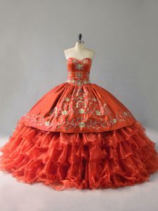 Stunning Orange Red Lace Up Sweetheart Embroidery and Ruffles Sweet 16 Dresses Satin and Organza Sleeveless