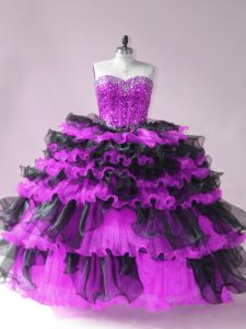 Black And Purple Ball Gowns Beading and Ruffled Layers Quinceanera Gowns Lace Up Organza Sleeveless Floor Length
