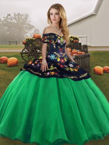 Sumptuous Turquoise Ball Gowns Off The Shoulder Sleeveless Tulle Floor Length Lace Up Embroidery Quinceanera Gown