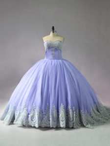 Luxurious Lavender Sweetheart Lace Up Appliques Quinceanera Gowns Court Train Sleeveless