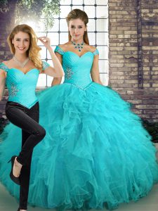 Simple Off The Shoulder Sleeveless Lace Up Ball Gown Prom Dress Aqua Blue Tulle