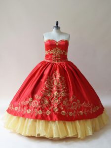 Red Satin Lace Up Sweetheart Sleeveless Sweet 16 Dress Embroidery