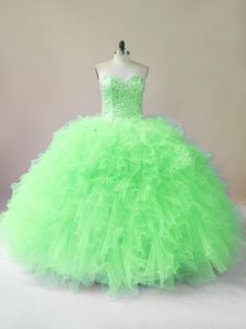 Tulle Lace Up Quince Ball Gowns Sleeveless Floor Length Beading and Ruffles