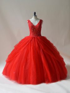Great Floor Length Red Sweet 16 Dresses V-neck Sleeveless Zipper