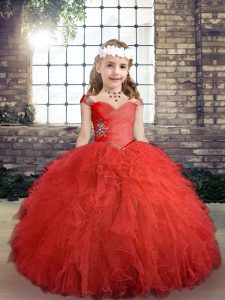 Red Tulle Side Zipper Straps Sleeveless Floor Length Little Girls Pageant Gowns Beading and Ruffles