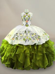 Olive Green Organza Side Zipper Halter Top Sleeveless Floor Length 15 Quinceanera Dress Embroidery and Ruffles