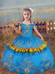 Pretty Baby Blue Lace Up Pageant Dress Wholesale Beading and Embroidery Sleeveless Floor Length