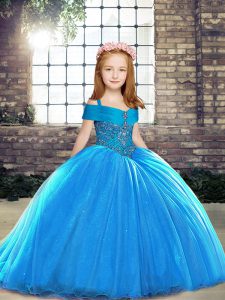 Baby Blue Straps Neckline Beading Kids Formal Wear Sleeveless Lace Up