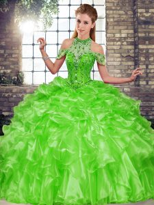 Green Lace Up Halter Top Beading and Ruffles Quinceanera Gown Organza Sleeveless