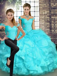 Aqua Blue Two Pieces Off The Shoulder Sleeveless Organza Floor Length Lace Up Beading and Ruffles Sweet 16 Dresses