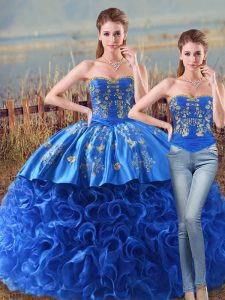 Romantic Sweetheart Sleeveless Vestidos de Quinceanera Brush Train Embroidery and Ruffles Royal Blue Fabric With Rolling Flowers