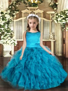 Blue Sleeveless Ruffles Floor Length Pageant Gowns