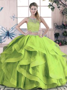 Fantastic Two Pieces Sweet 16 Quinceanera Dress Green Scoop Tulle Sleeveless Floor Length Lace Up