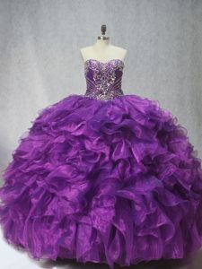 Wonderful Lace Up Quinceanera Dress Purple for Sweet 16 and Quinceanera with Beading and Ruffles Brush Train