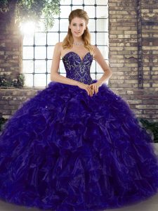 Latest Purple Sleeveless Floor Length Beading and Ruffles Lace Up Quinceanera Dress