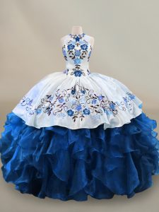 Halter Top Sleeveless Organza Quinceanera Dresses Embroidery and Ruffles Lace Up