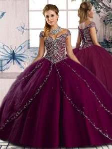 Purple Cap Sleeves Beading Lace Up Quinceanera Gown