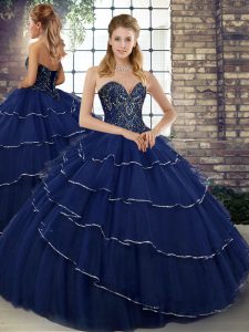 Great Sleeveless Beading and Ruffled Layers Lace Up Sweet 16 Dresses with Navy Blue Brush Train