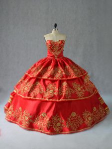 Delicate Red Sleeveless Floor Length Embroidery and Ruffled Layers Lace Up Quinceanera Gowns