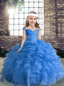 Blue Sleeveless Floor Length Beading and Ruffles and Pick Ups Lace Up Little Girl Pageant Gowns