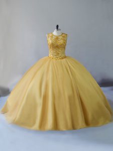 Elegant Gold Tulle Lace Up Quinceanera Gown Sleeveless Brush Train Beading