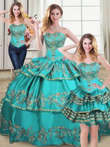 Aqua Blue Sweet 16 Dress Sweet 16 and Quinceanera with Embroidery and Ruffled Layers Sweetheart Sleeveless Lace Up
