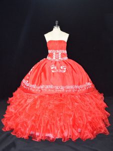 Floor Length Red Sweet 16 Dress Organza Sleeveless Embroidery and Ruffles