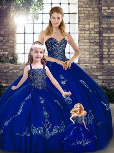 Floor Length Royal Blue Quinceanera Dress Tulle Sleeveless Beading and Embroidery