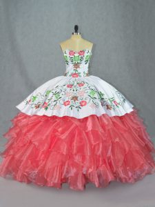 Charming Watermelon Red Lace Up Quinceanera Dress Embroidery and Ruffles Sleeveless