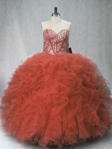 Floor Length Ball Gowns Sleeveless Rust Red Quinceanera Dress Lace Up