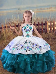 Organza Sleeveless Floor Length High School Pageant Dress and Embroidery and Ruffles