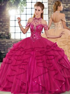 Sumptuous Fuchsia Sleeveless Beading and Ruffles Floor Length Quinceanera Dresses