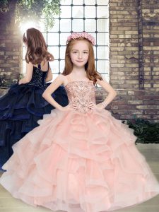 Sleeveless Tulle Floor Length Lace Up Kids Formal Wear in Peach with Beading and Ruffles