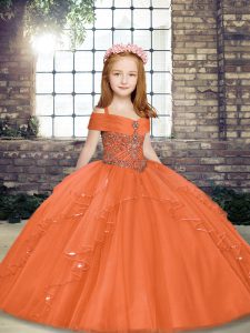 Adorable Floor Length Ball Gowns Sleeveless Orange Kids Pageant Dress Lace Up