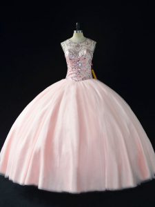 Cheap Pink Tulle Lace Up Scoop Sleeveless Floor Length Sweet 16 Quinceanera Dress Beading