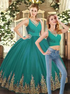 Fabulous V-neck Sleeveless Backless 15 Quinceanera Dress Turquoise Tulle