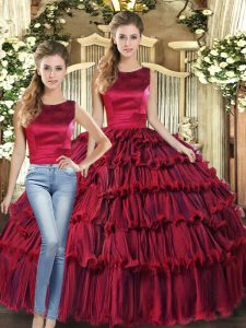Nice Wine Red Organza Lace Up Vestidos de Quinceanera Sleeveless Floor Length Ruffled Layers