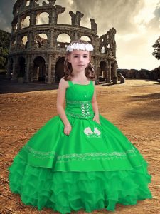 Green Little Girls Pageant Gowns Wedding Party with Embroidery and Ruffled Layers Straps Sleeveless Zipper