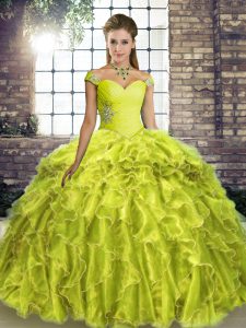 Latest Yellow Green Ball Gowns Off The Shoulder Sleeveless Organza Brush Train Lace Up Beading and Ruffles Quinceanera Dress