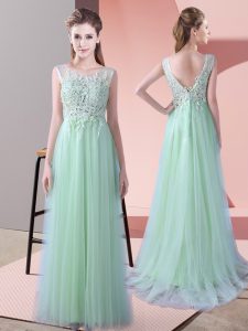 Apple Green Damas Dress Wedding Party with Beading and Lace Scoop Sleeveless Brush Train Zipper