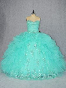 Beauteous Aqua Blue Organza Lace Up Quinceanera Dress Sleeveless Floor Length Beading and Appliques