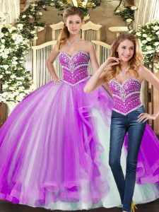 Beauteous Lilac Ball Gowns Sweetheart Sleeveless Tulle Floor Length Lace Up Beading Quinceanera Gown