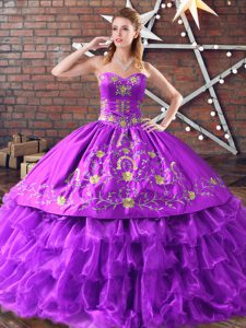 Satin and Organza Sleeveless Floor Length Quinceanera Dress and Embroidery and Ruffled Layers