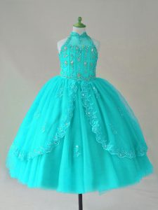 Floor Length Lace Up Child Pageant Dress Aqua Blue for Wedding Party with Beading and Appliques