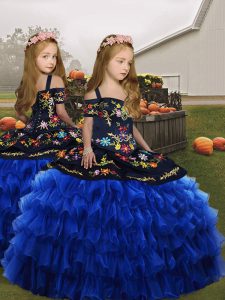 Organza Straps Sleeveless Lace Up Embroidery Pageant Gowns For Girls in Royal Blue